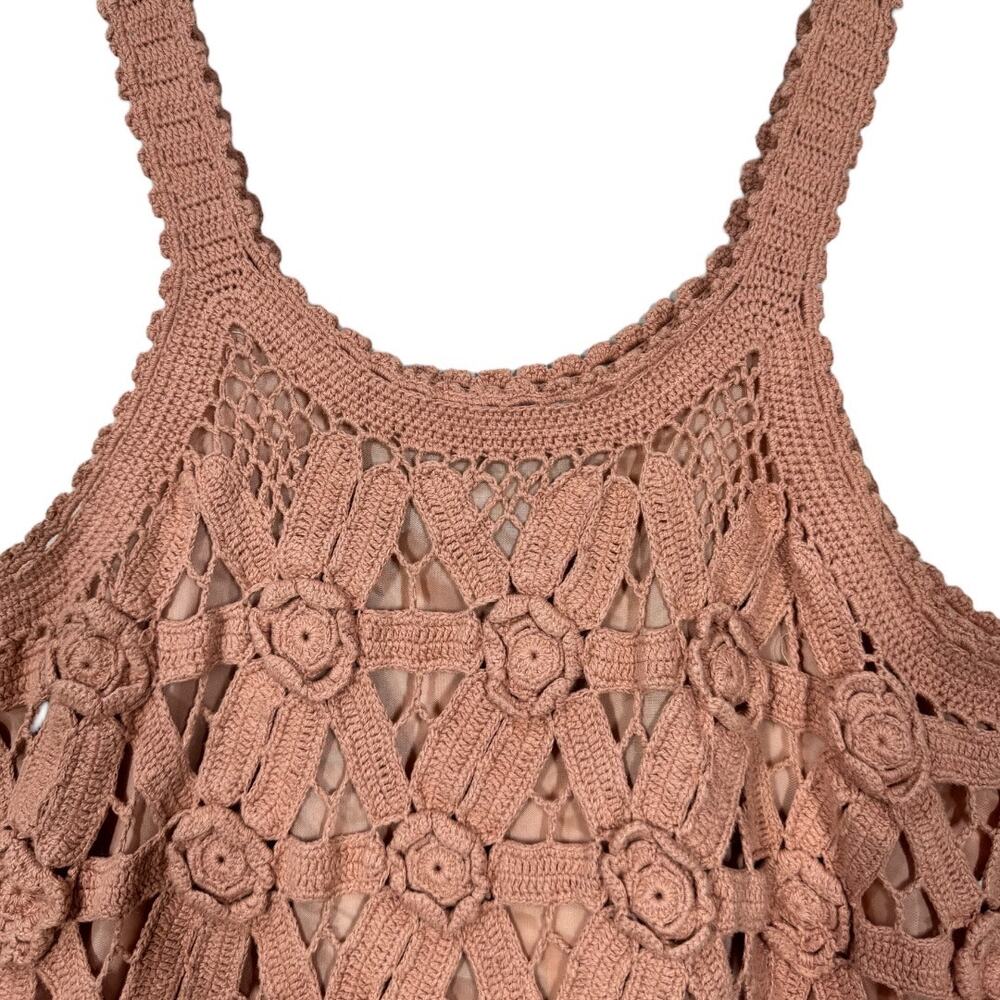 Vintage 90s Sue Wong Floral Crochet Tank Top Small Pink Dusty Rose Boho Cottage - Picture 2 of 5
